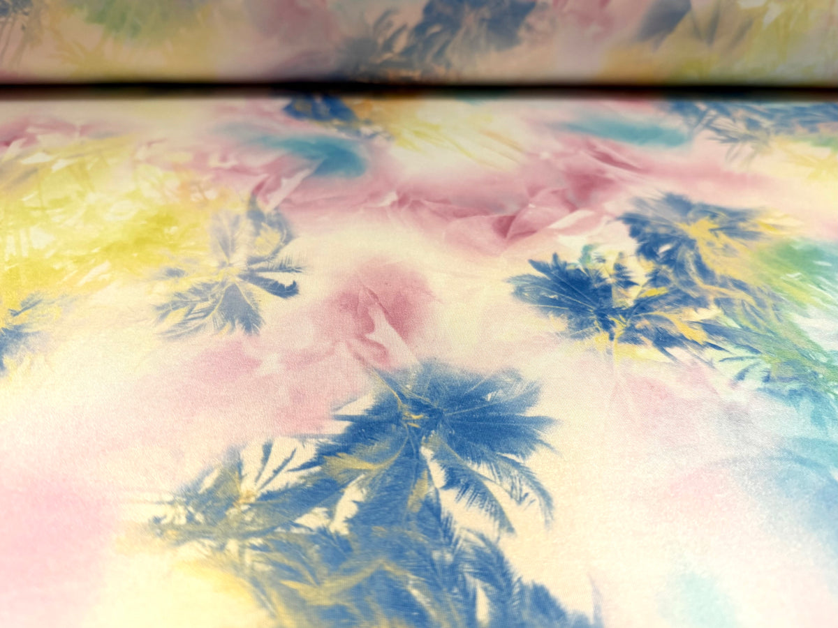 Soft touch stretch spandex jersey fabric, per metre - Hawaiian palm trees print - pastels