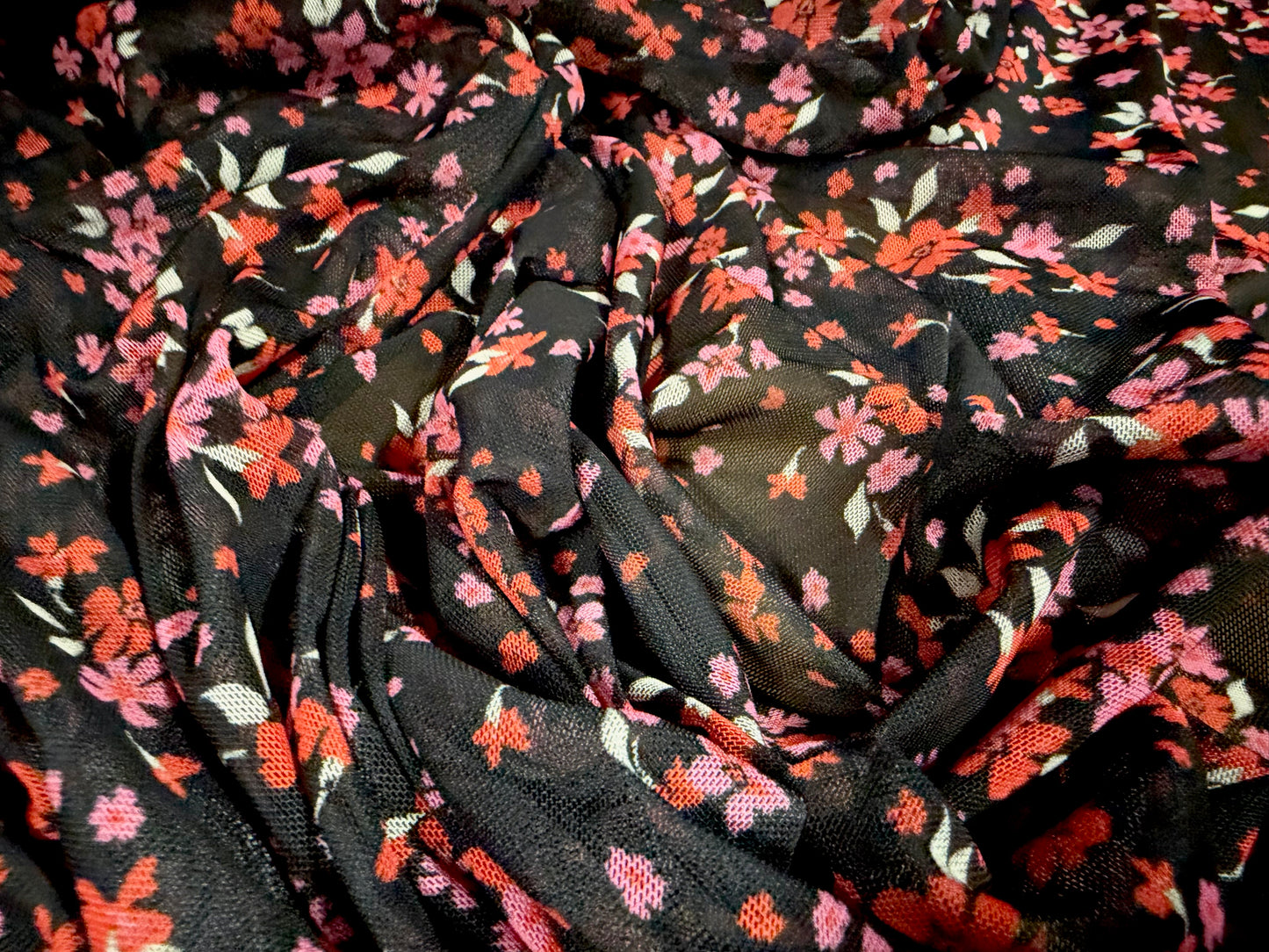 Power mesh net stretch spandex fabric, per metre - ditsy flower print - black red & pink
