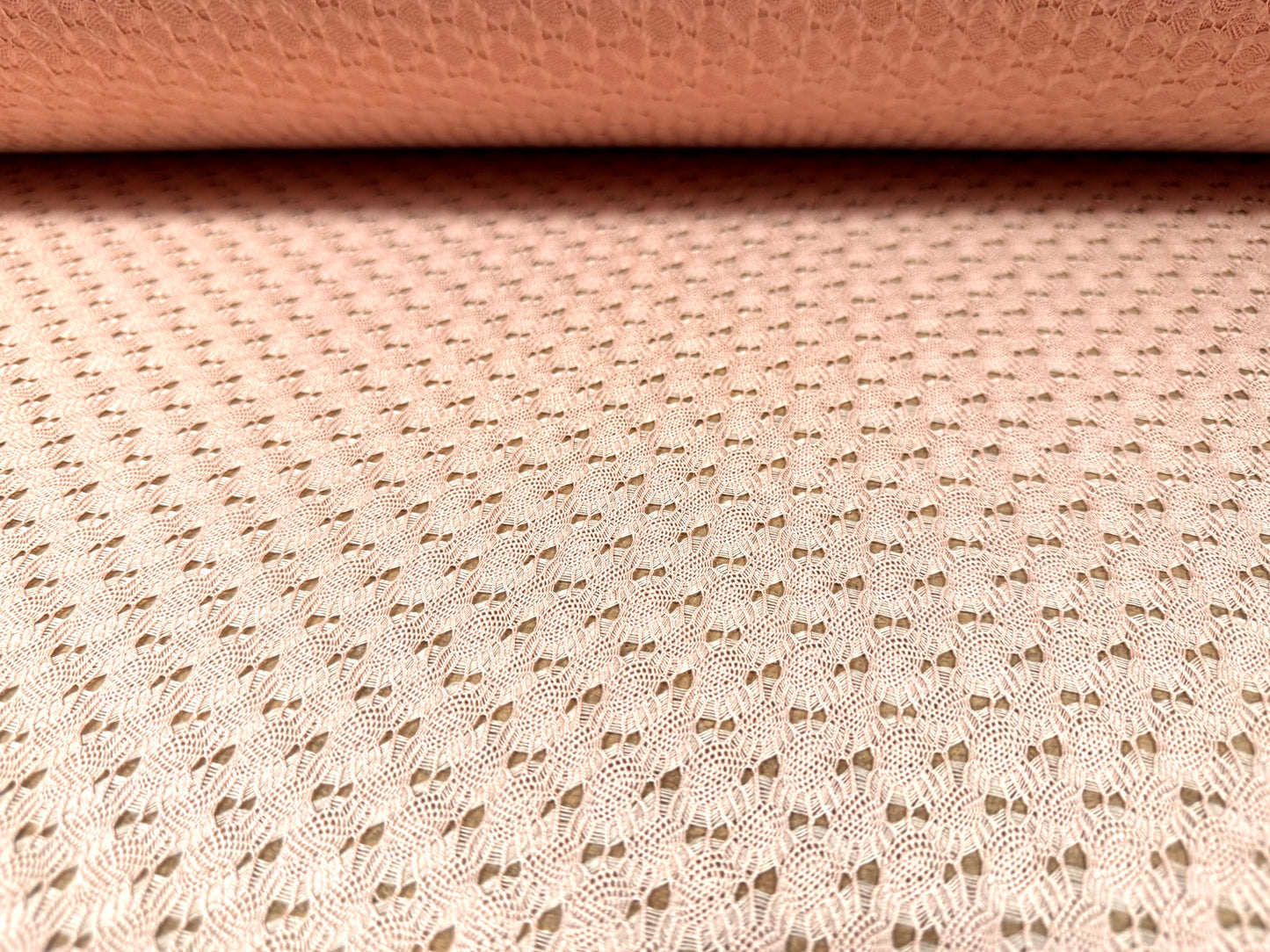 Crochet knit lace dress fabric, per metre - scalloped selvedge - pink