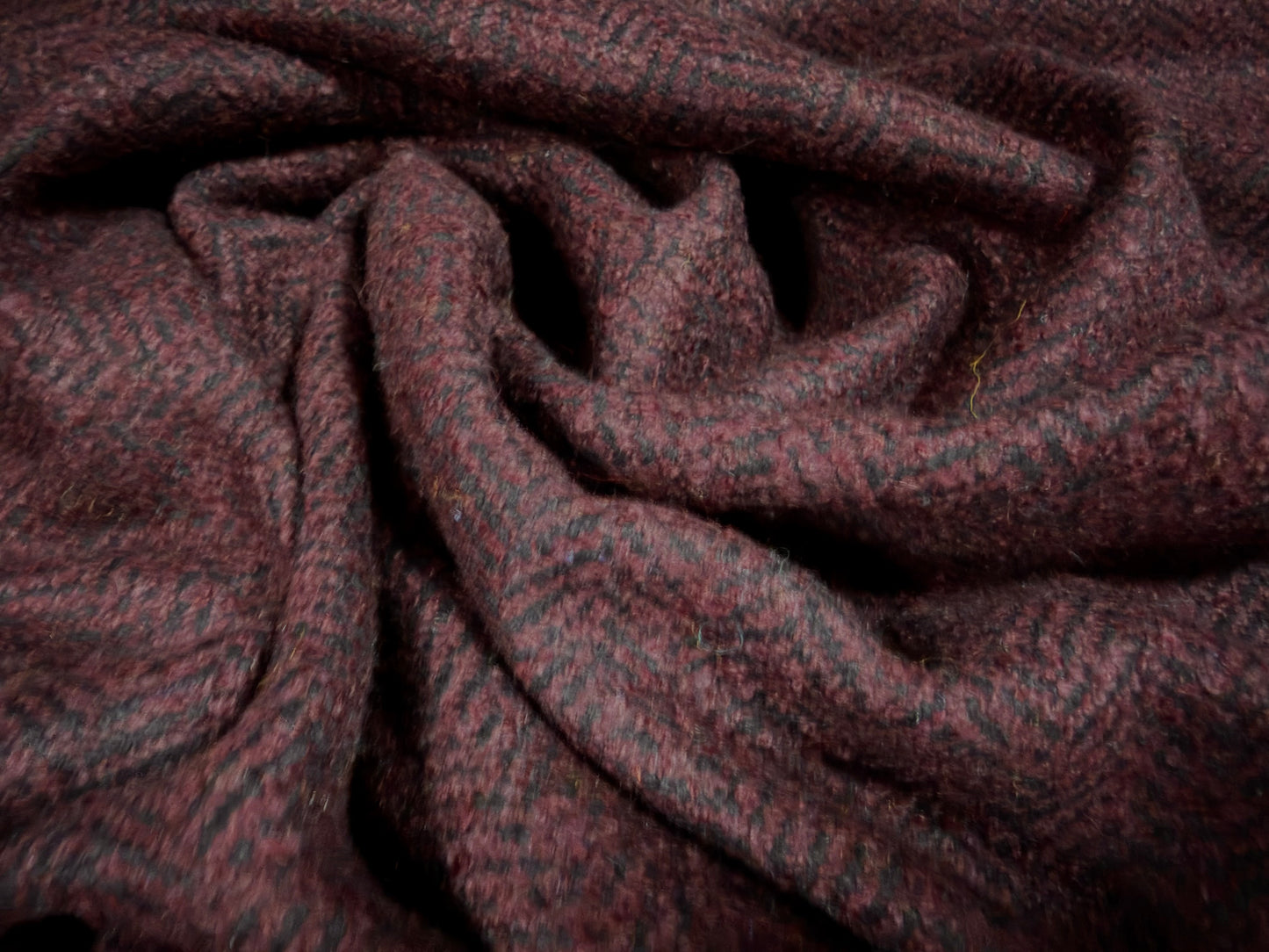 Heavyweight wool flannel coat jacket fabric, per metre - herringbone - burgundy
