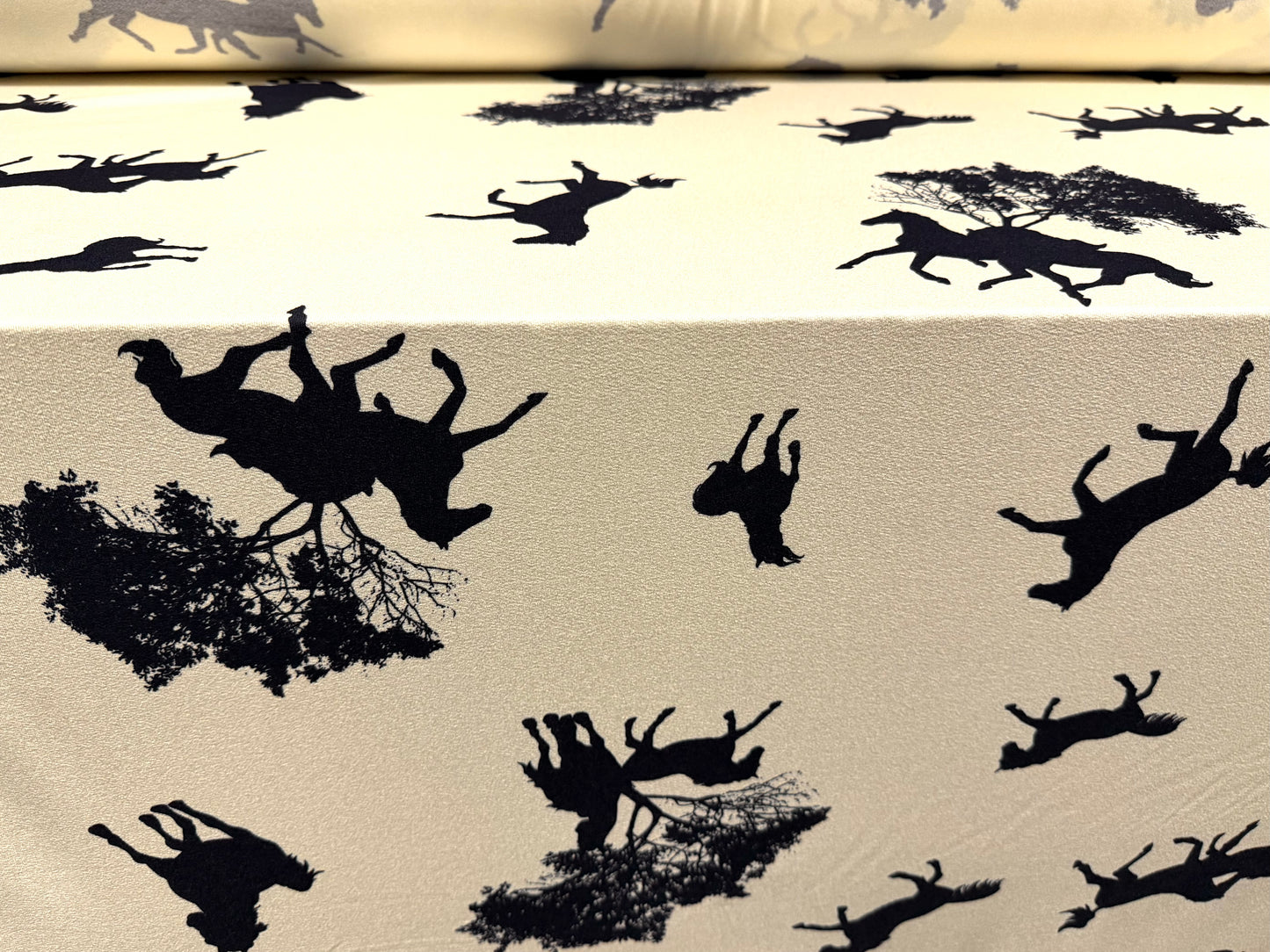 Viscose spandex crepe jersey fabric, per metre - wild horses print - cream & navy