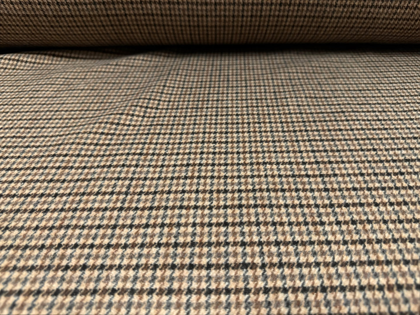 Wool mouflon coat jacket fabric, per metre - dogtooth check - brown & stone