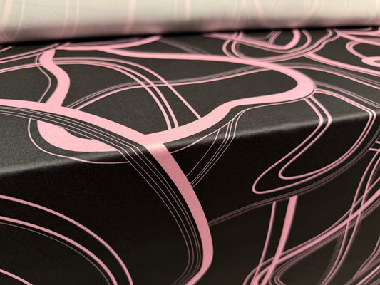 ITY stretch spandex single jersey fabric, per metre - Atomic retro print - black & pink