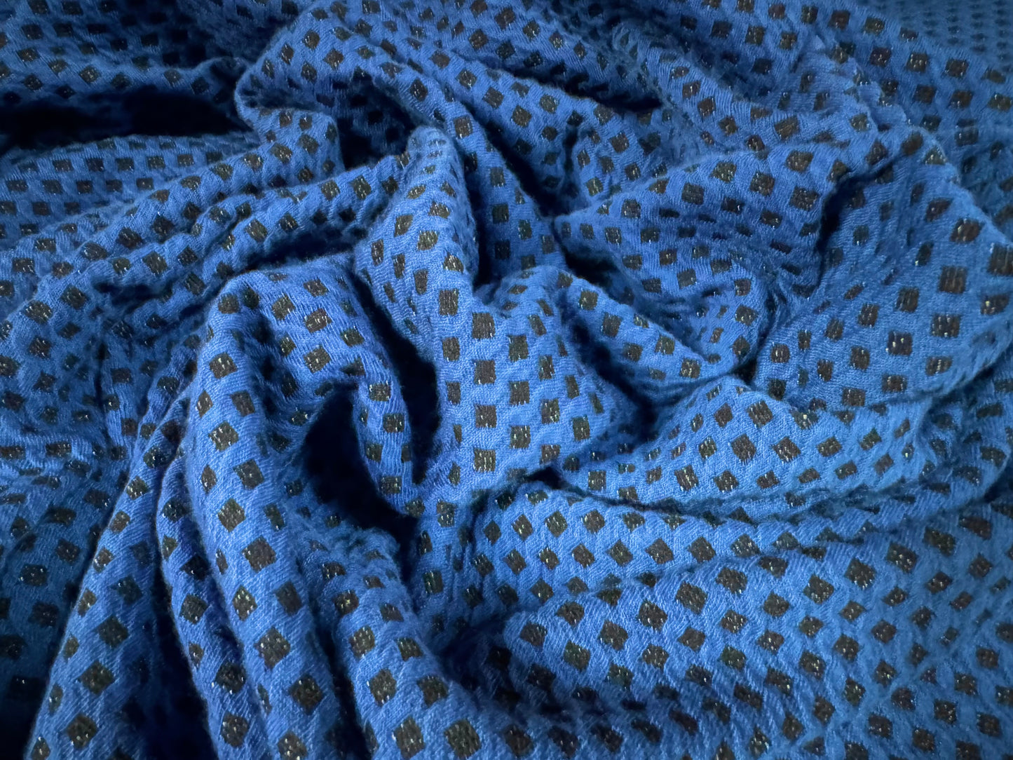 Metallic stretch double jersey fashion fabric, per metre - geometric jacquard with lurex - blue