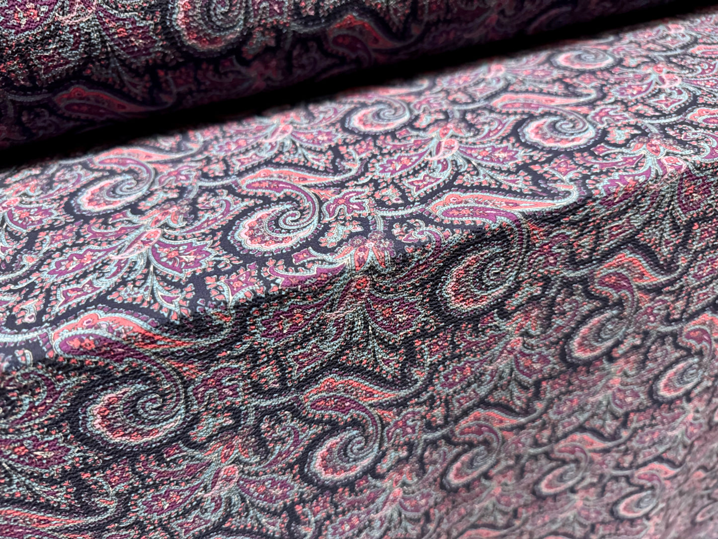 Bubble crepe stretch woven dress fabric, per metre - paisley print - navy blue & pink