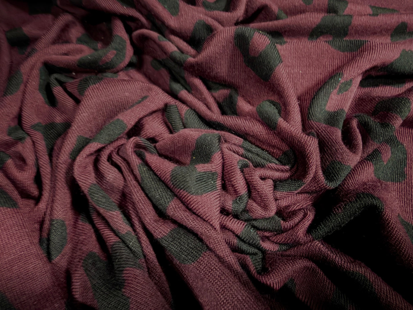 Lightweight jersey knitwear fabric, per metre - cheetah animal print - dark plum
