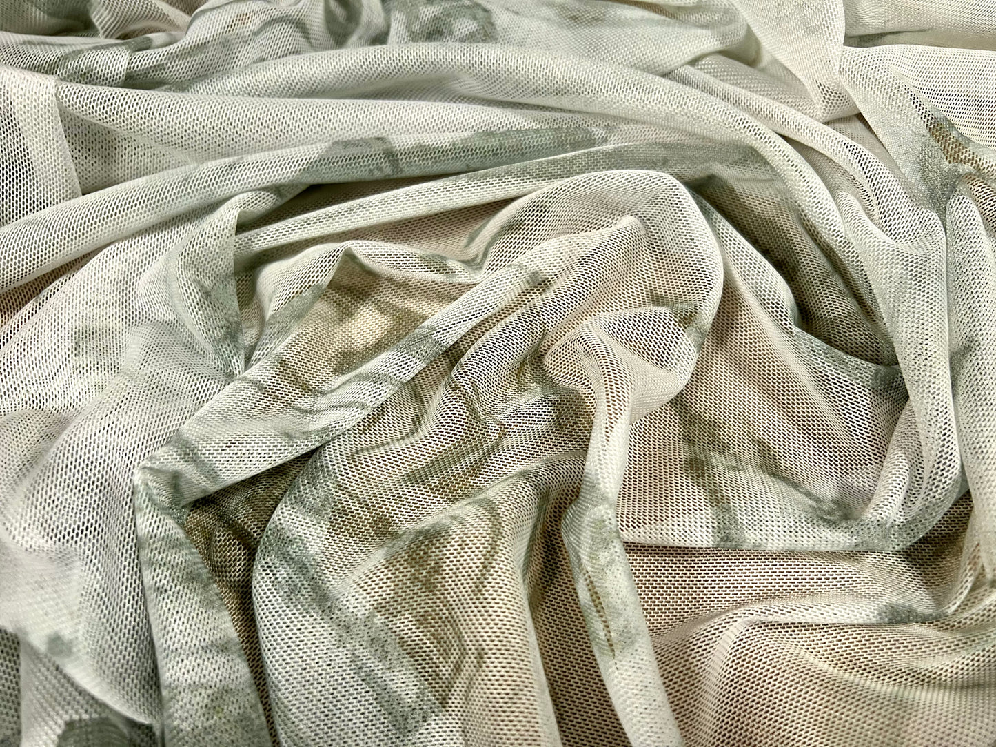 Power mesh net sheer stretch spandex fabric, per metre - marbled print - sage green