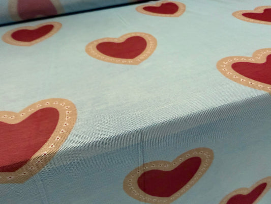Power mesh net stretch spandex fabric, per metre - love heart print - sky blue & red