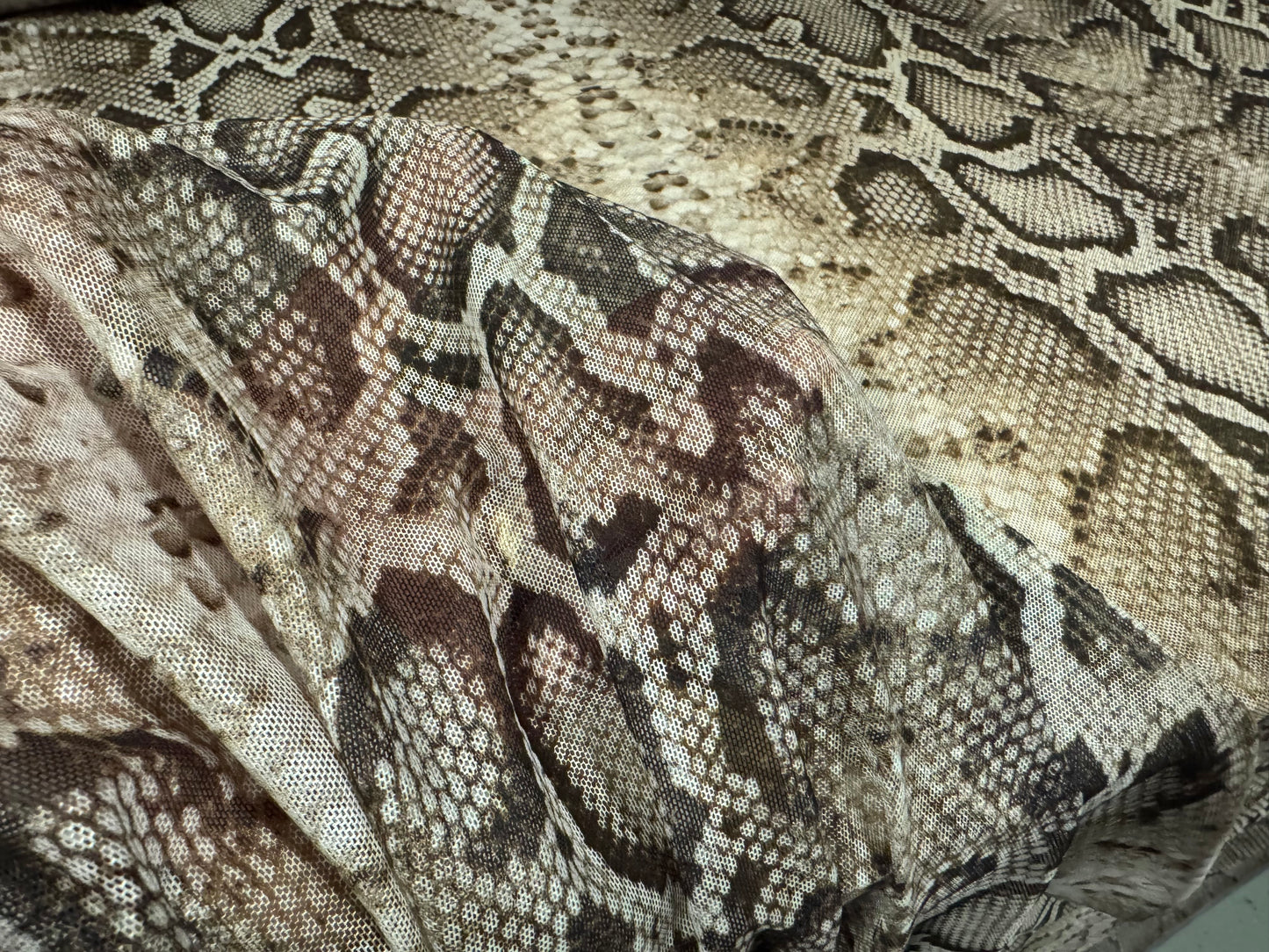 Power mesh net stretch spandex fabric, per metre - rattlesnake print - olive brown