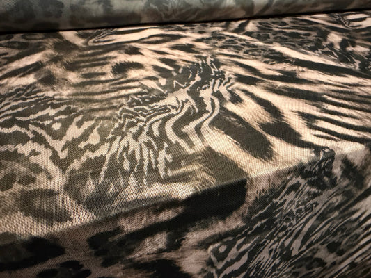 Power mesh net stretch spandex fabric, per metre - tiger fusion print - nude