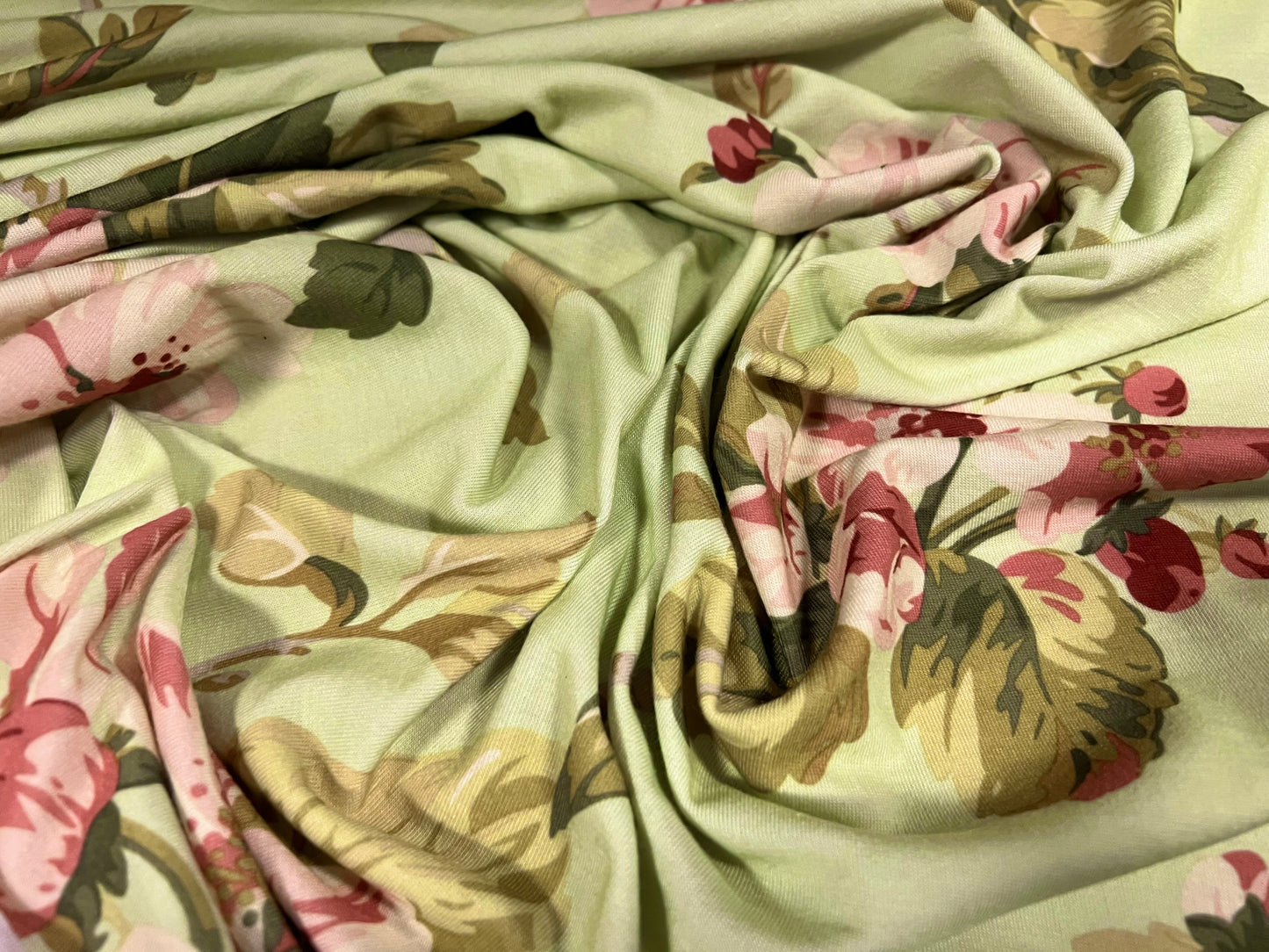 Soft handle stretch single jersey fabric, per metre - rambling rose flower print - green & pink