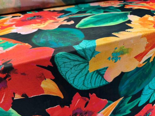 Power mesh net stretch spandex fabric, per metre - tropical flower print - black orange & green