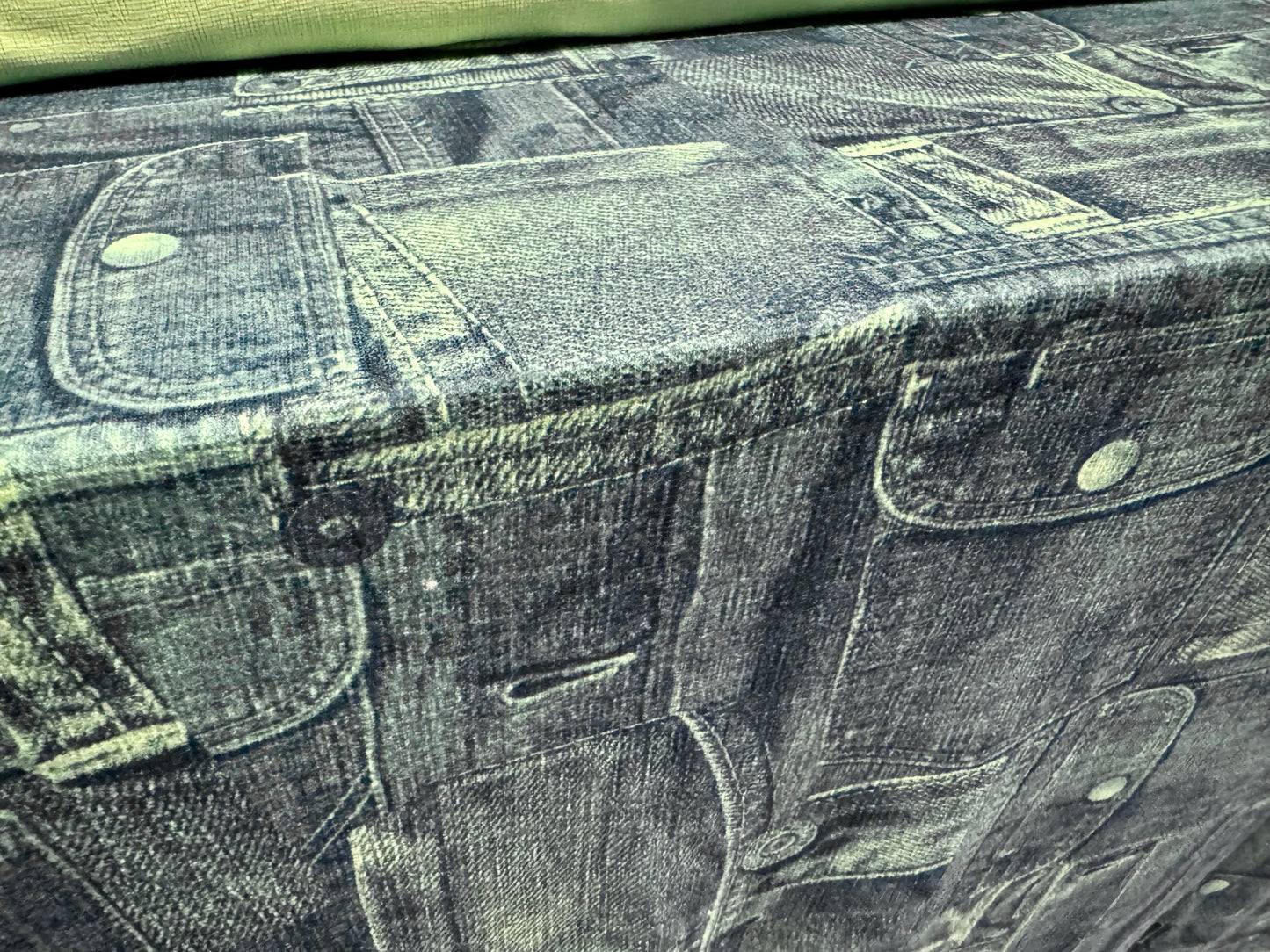 Straw cloth textured stretch double jersey fabric, per metre - denim jean pockets print - blue & lime