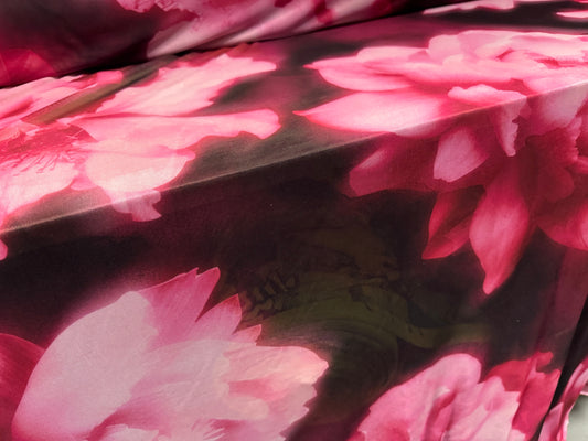 Power mesh net stretch spandex fabric, per metre - peony floral print - black & pink
