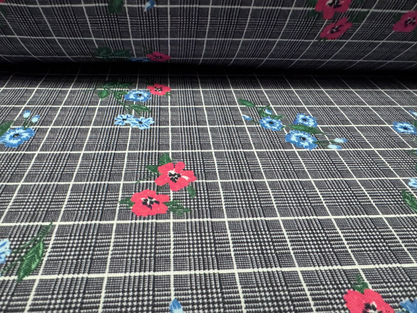 Double jersey upholstery fabric, per metre - floral check print - denim blue