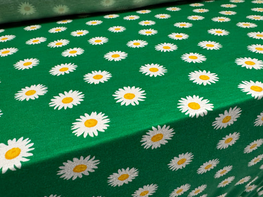 Viscose spandex stretch jersey fabric, per metre - daisy flower print - green