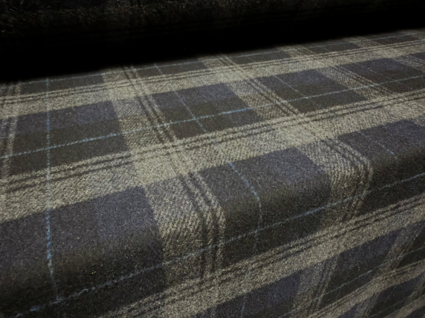 Heavyweight wool flannel brushed coat jacket fabric, per metre - tartan check - grey & navy