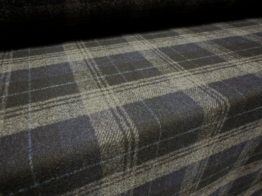 Heavyweight wool flannel brushed coat jacket fabric, per metre - tartan check - grey & navy