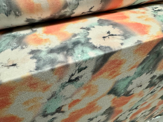 Soft handle stretch single jersey fabric, per metre - tie dye floral print - aqua & peach