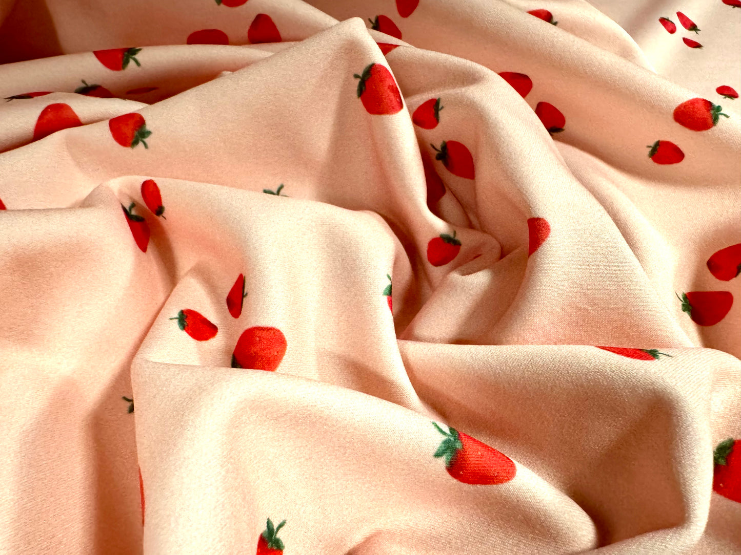 Scuba stretch spandex double jersey dress fabric, per metre - strawberry print - pink