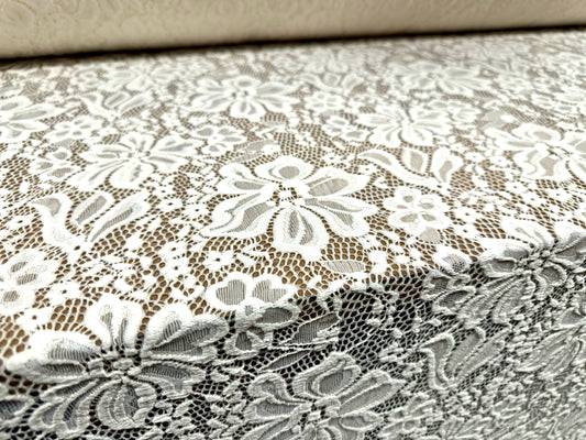 Soft stretch lace dress fabric, per metre - scalloped selvedge - floral - cream