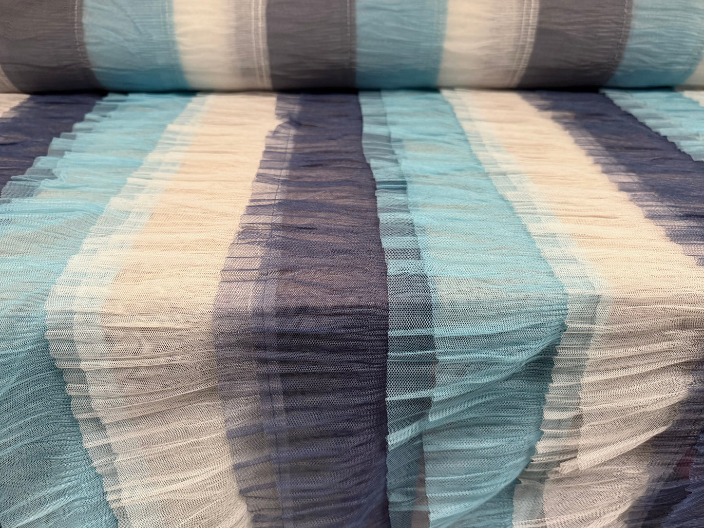 Layered tulle mesh net fabric, per metre - stripe - navy, sky blue & white