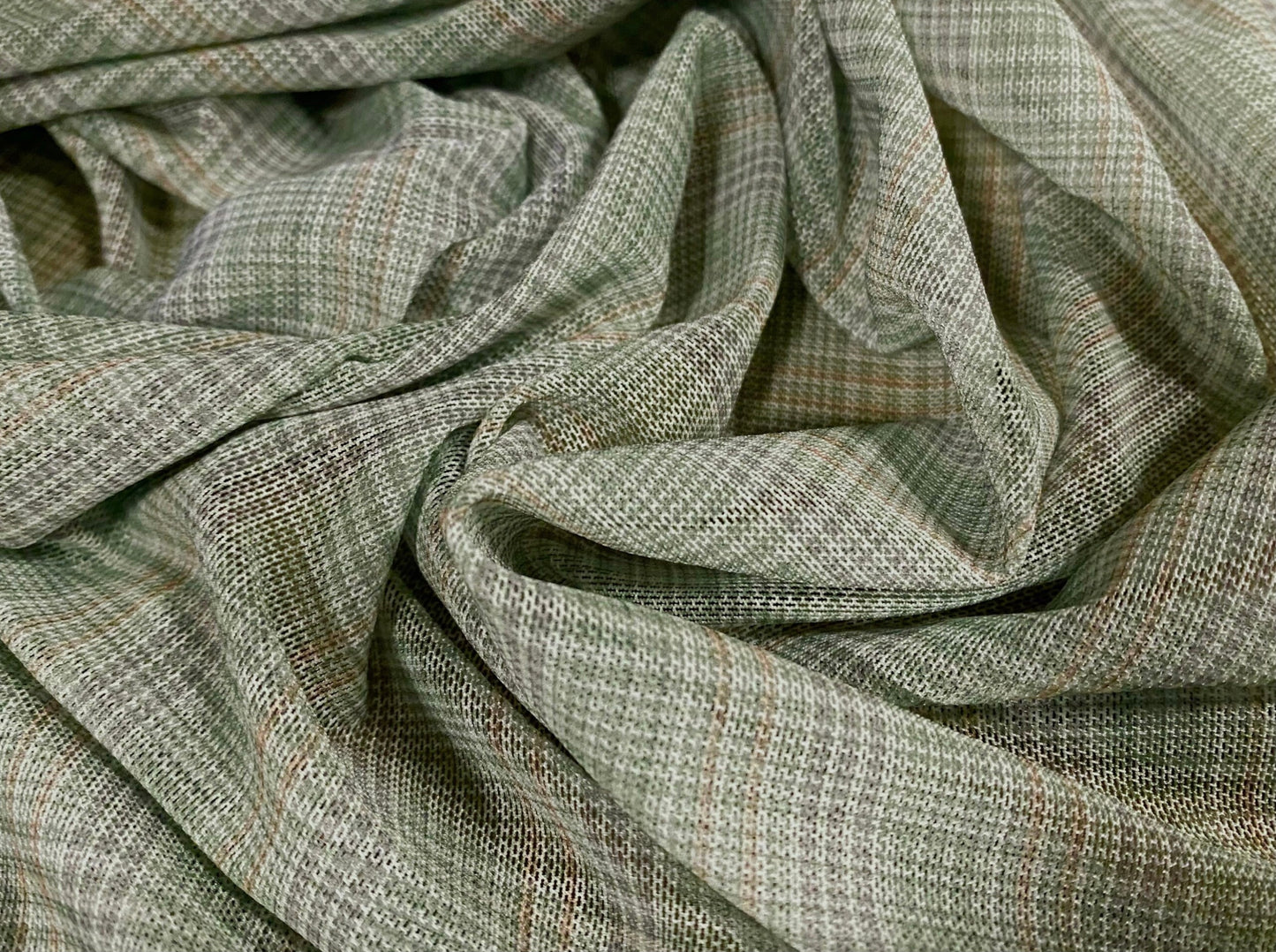 Power mesh net sheer stretch spandex fabric, per metre - plaid check print - sage green