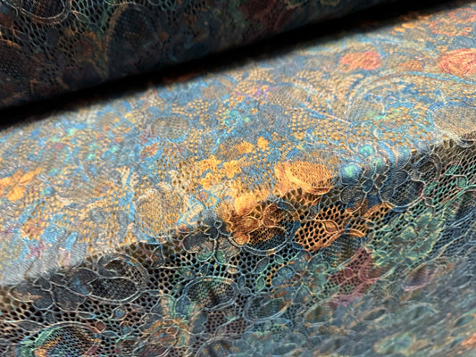 Stretch lace dress fabric with scalloped selvedge, per metre - paisley rose print - petrol blue & amber