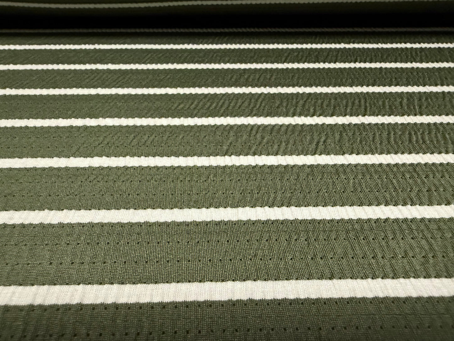 Stretch crinkle jersey fashion fabric, per metre - stripe - khaki green & white