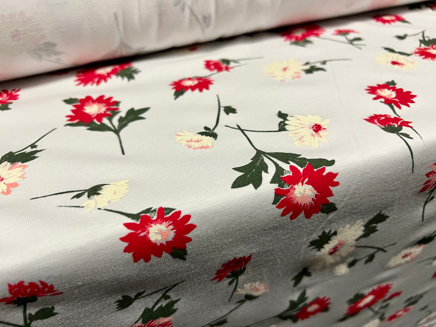 Cotton single jersey fabric, per metre - floral print - pale grey red & cream