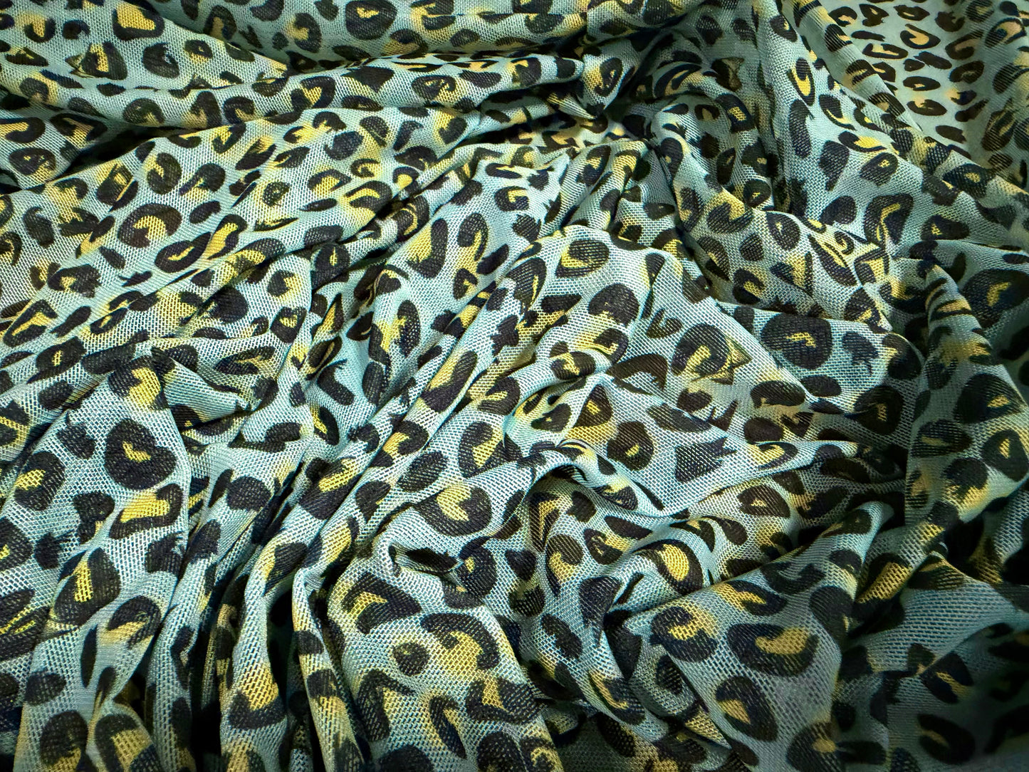 Power mesh net stretch spandex fabric, per metre - micro leopard animal print - blue & yellow