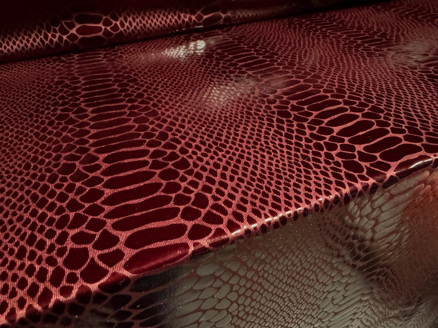 Embossed faux leather p.u. coated jersey fabric, per metre - snakeskin - burgundy