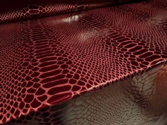 Embossed faux leather p.u. coated jersey fabric, per metre - snakeskin - burgundy
