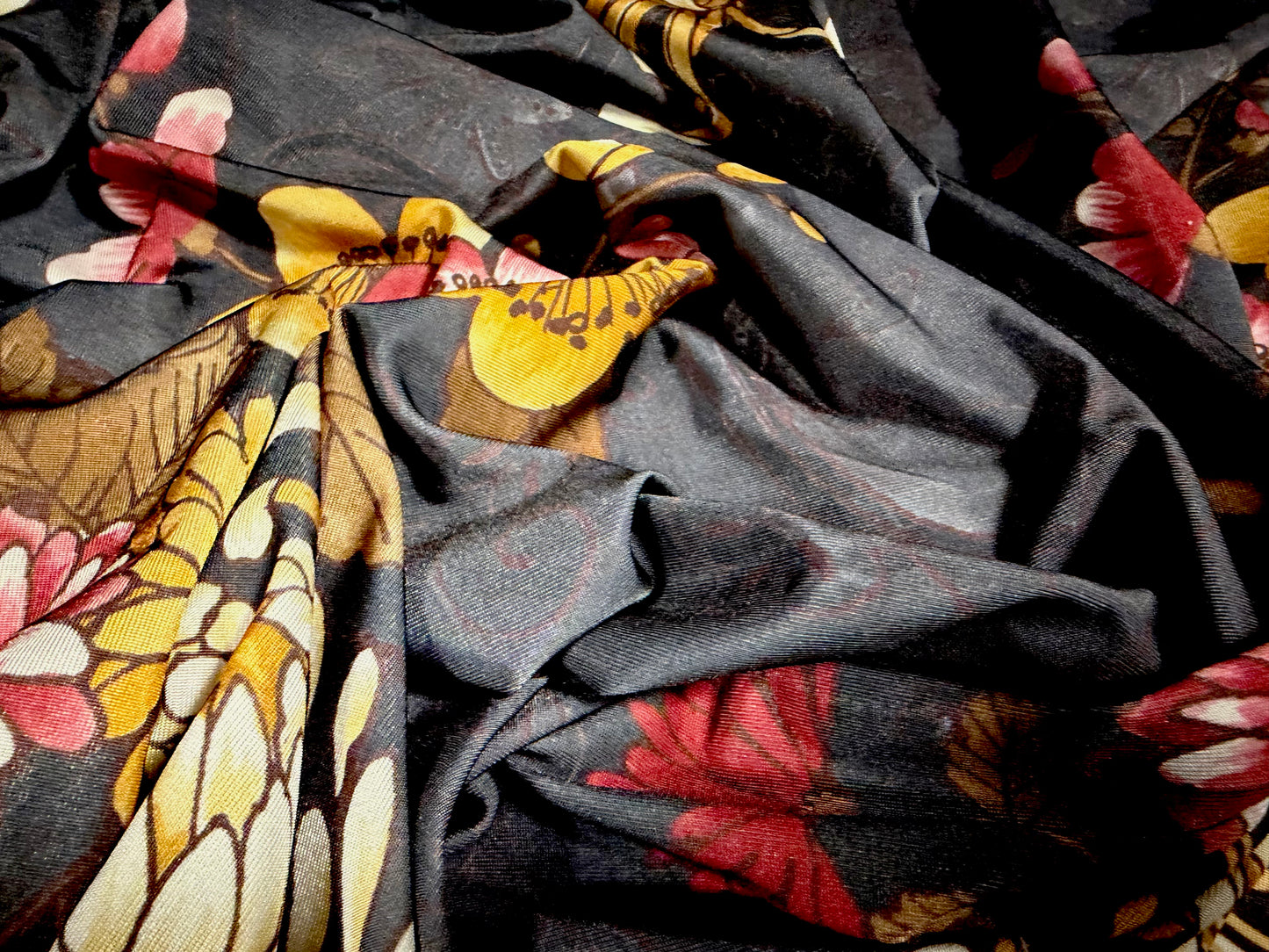 Soft touch stretch spandex single jersey fabric, per metre - East Asian Chrysanthemum print - charcoal