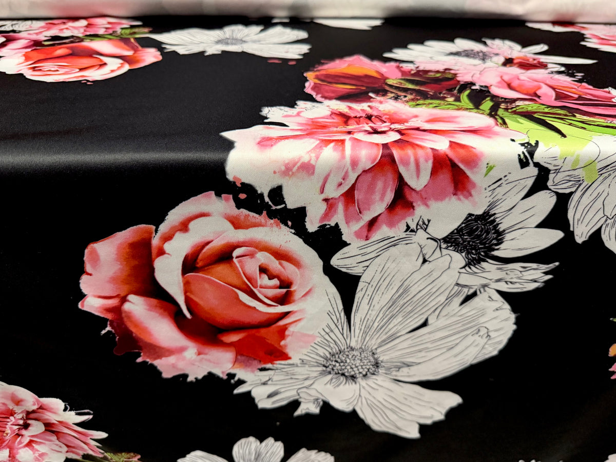 Scuba stretch spandex double jersey fabric, per metre - rose art print - black & pink