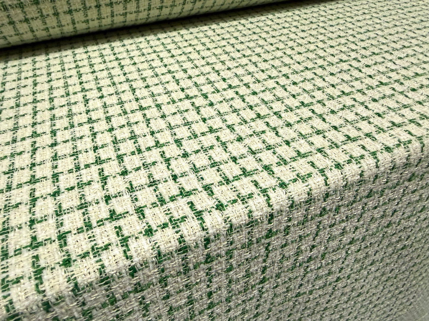 Wool bouclé fabric, per metre - grid check - green & ivory