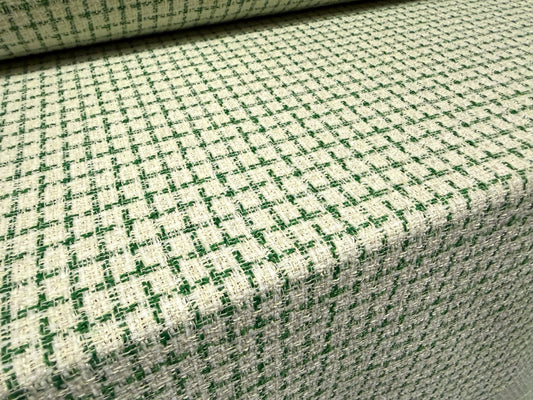 Wool bouclé fabric, per metre - grid check - green & ivory
