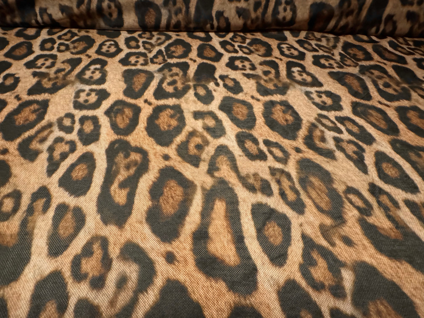 Power mesh net stretch spandex fabric, per metre - jaguar animal print - brown