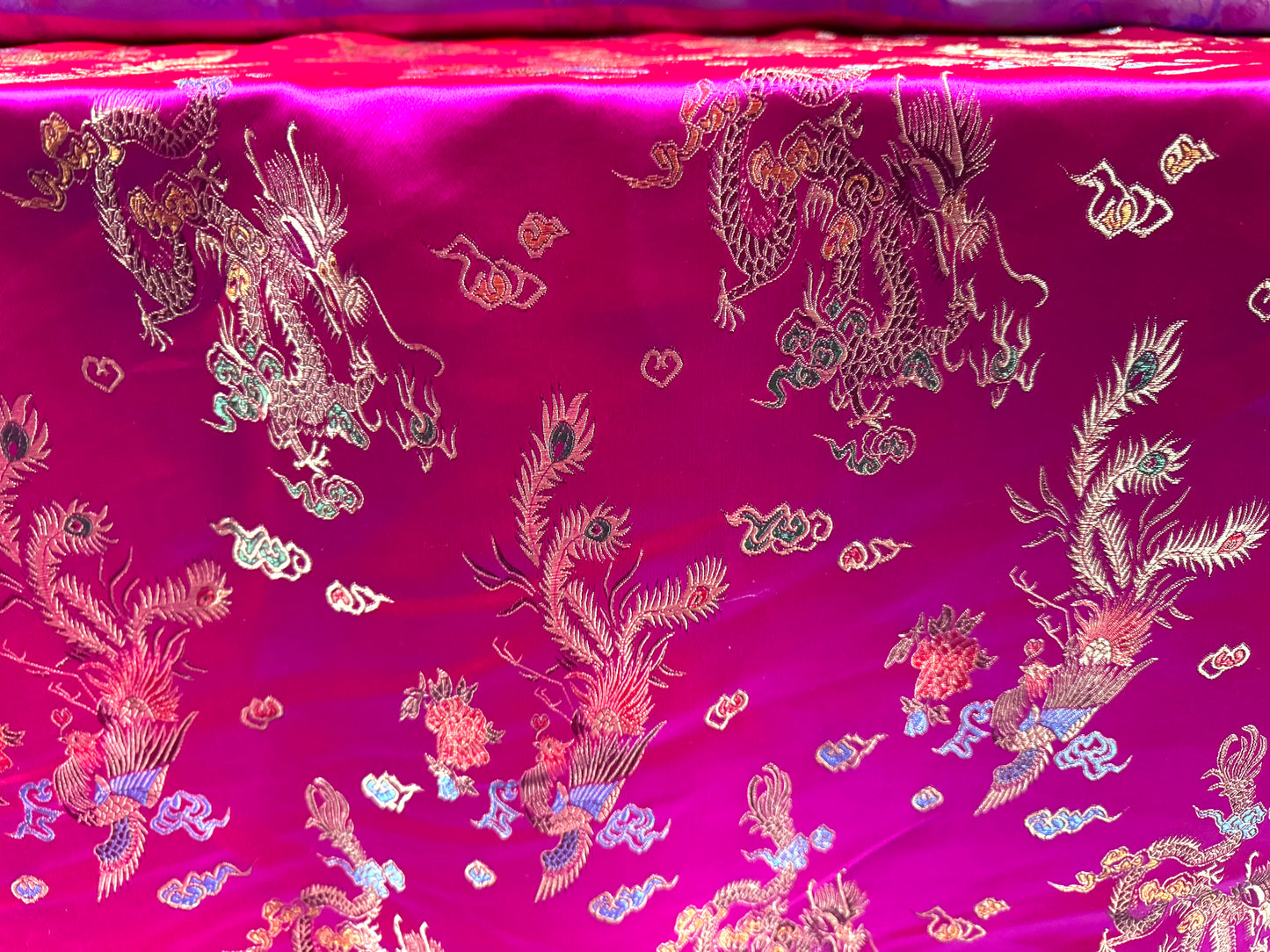 Satin brocade fabric, per metre - Oriental Dragons design - cerise pink & gold