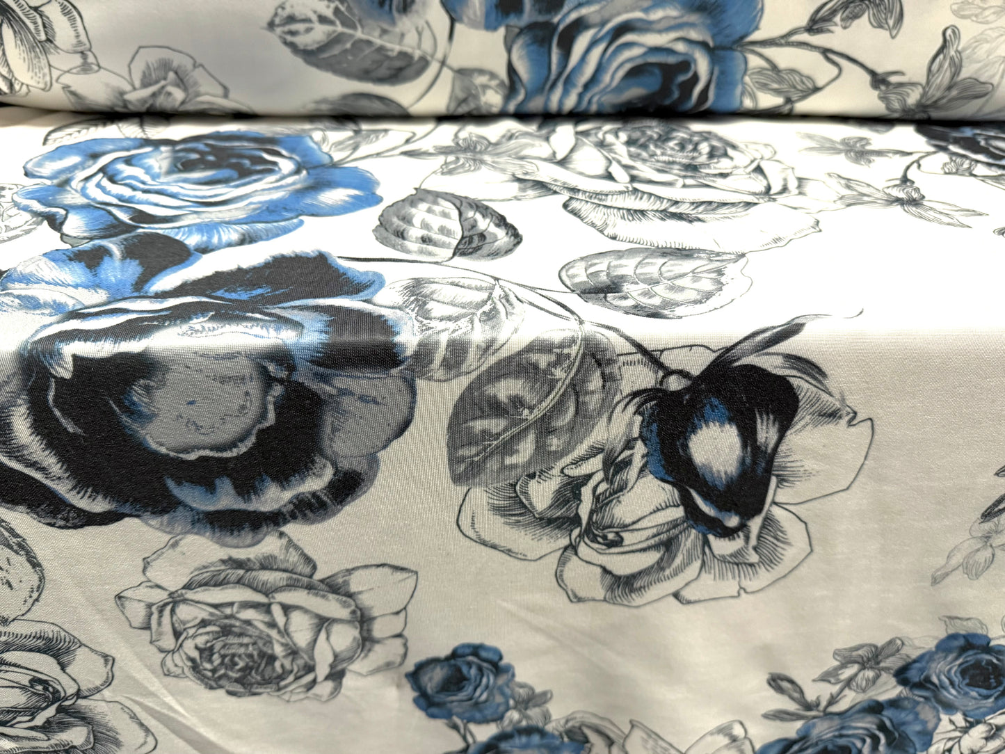 Scuba stretch double jersey fashion fabric, per metre - rose print - ivory grey & blue