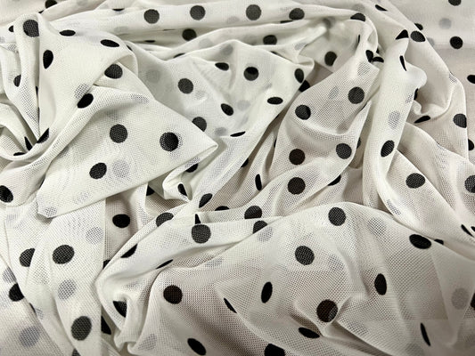 Power mesh net sheer stretch spandex fabric, per metre - spotted print - white & black