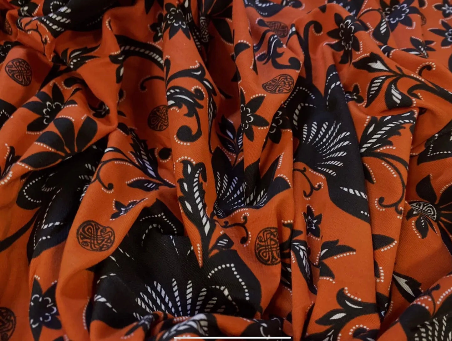 Viscose spandex stretch single jersey fabric, per metre - flower print - Orange & black