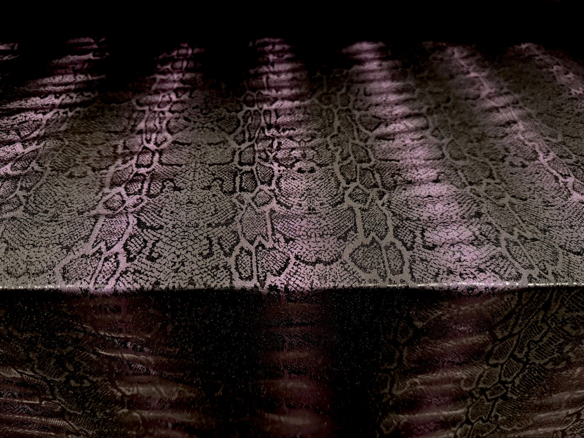 Stretch ITY jersey fabric, per metre - embossed snakeskin print - black & purple