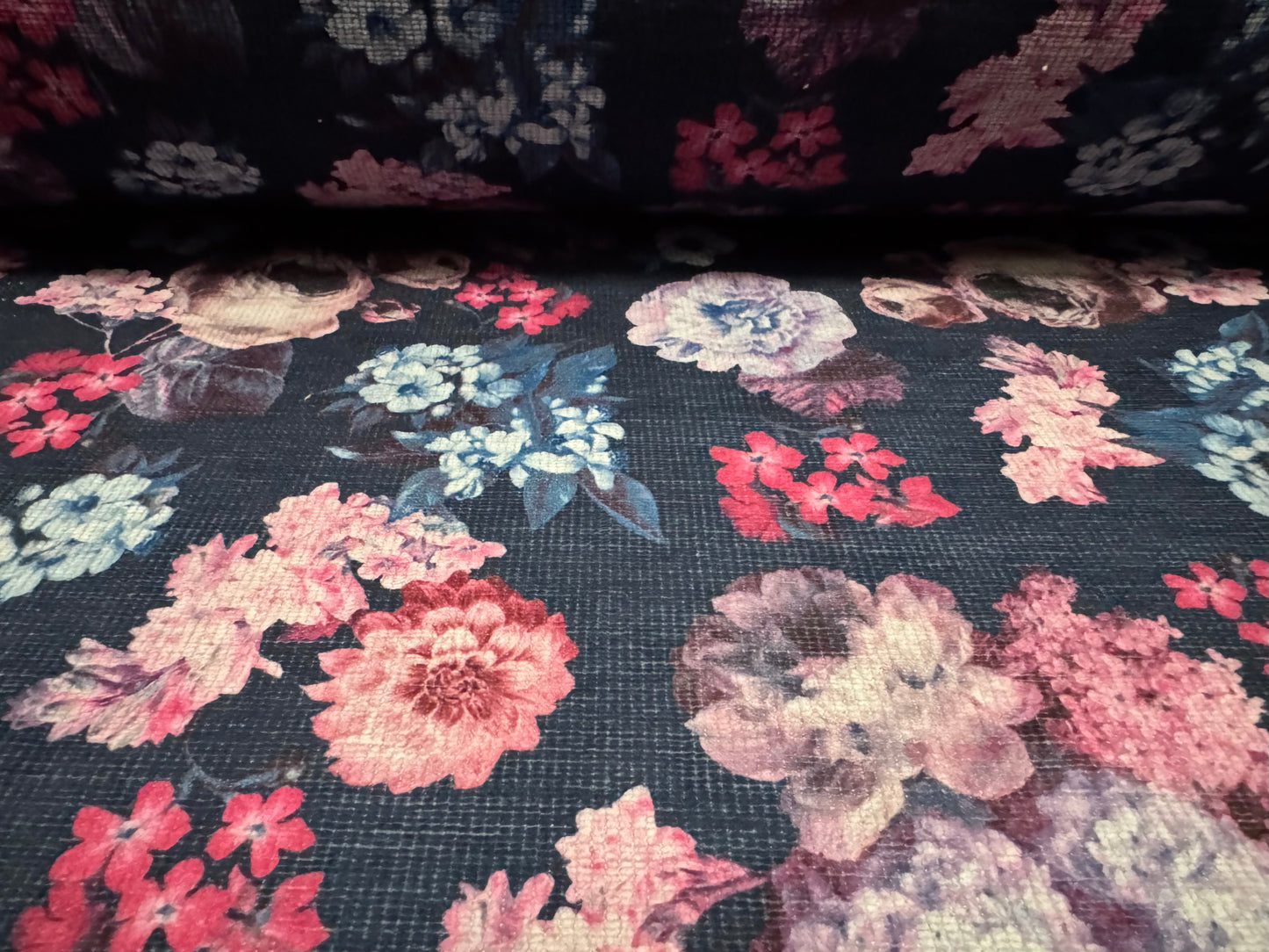 Chenille upholstery fabric, per metre - roses print - navy & pink