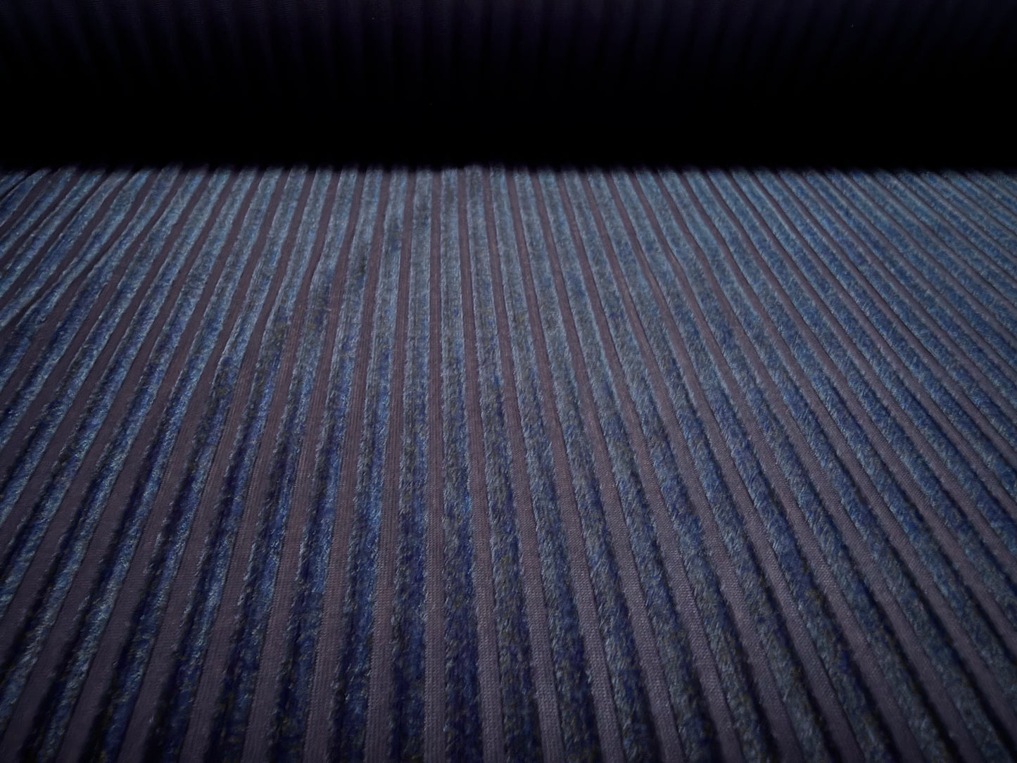 Spandex velvet stretch dress fabric, per metre - burnout ribbed stripe - navy blue