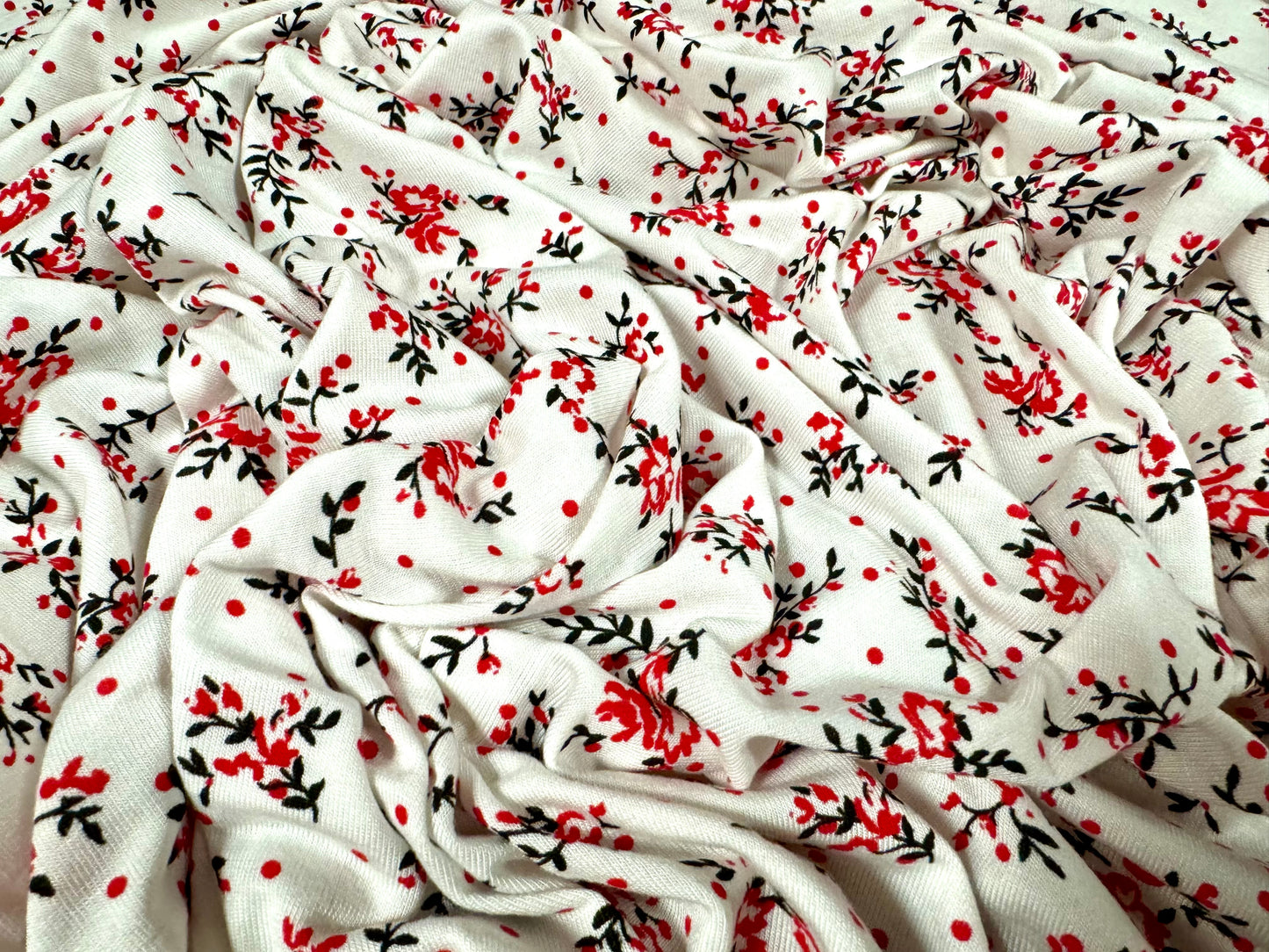 Viscose spandex stretch single jersey fabric, per metre - small flower ditsy print - white red & black