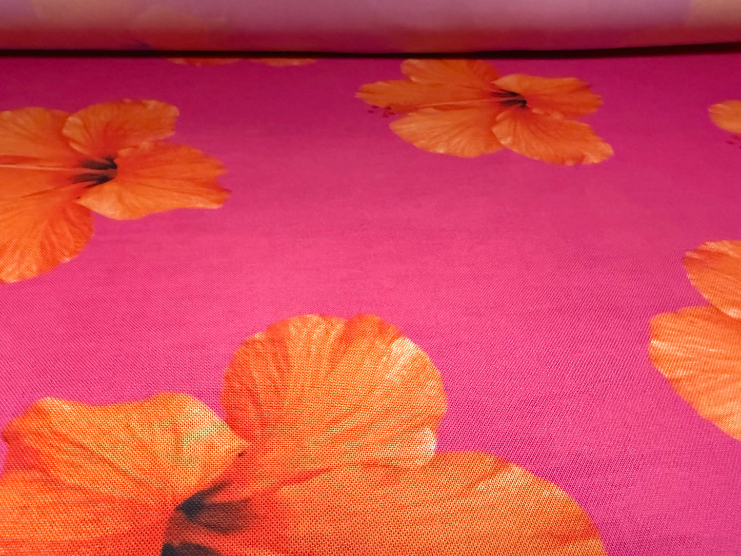 Power mesh net stretch spandex fabric, per metre - hibiscus blossom - hot pink & orange