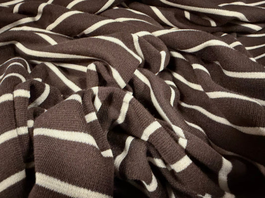 Ponte Roma double jersey knit stretch fabric, per metre - stripes - brown & ivory