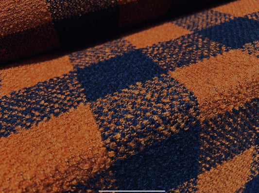 Wool blend bouclé fabric, per metre - buffalo check - navy & burnt orange