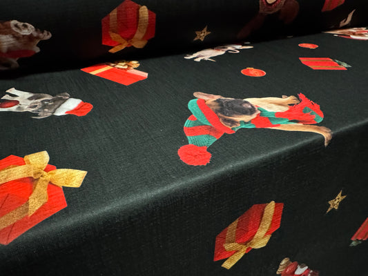 Straw cloth textured jersey fabric, per metre - Christmas Puppy print - black & red